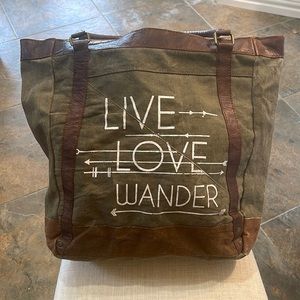 EUC Mona B Tote bag,, olive canvas with brown pleather handles